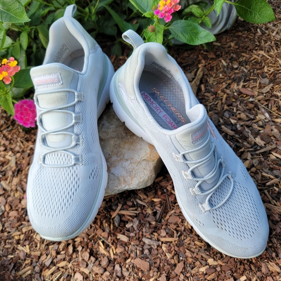 SKETCHERS ♡ Sweet Gray 'n Pink Air-Cooled Memory Foam Cord Slip On Sneakers 8 - Picture 12 of 15